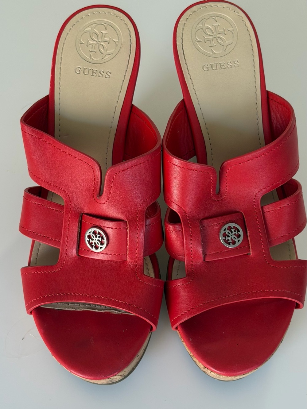 GUESS Red Leather Slide Mules with Logo Medallions